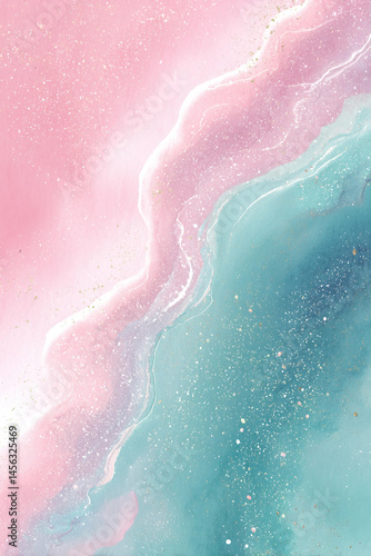 A pink and blue ocean scene with a lot of white and blue paint splatters