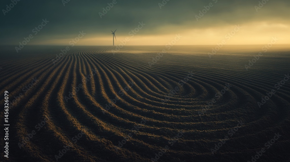 Naklejka premium Misty field with wind turbine
