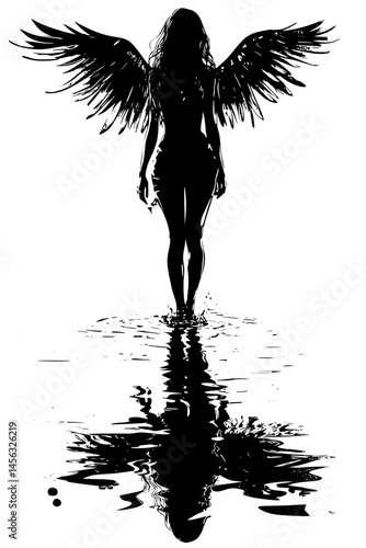 Angel Walking Across Shallow Water, coloring book style, vector illustration art