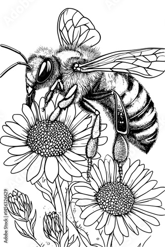 Bee Collecting Nectar From Plant, coloring book style, vector illustration art