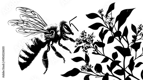 Bee Collecting Nectar From Plant, vector illustration art