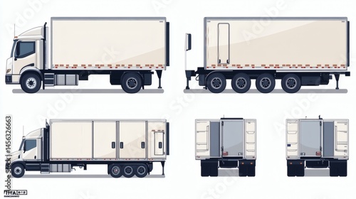 Detailed illustration of a box truck from multiple angles, showing side, rear, and open views.