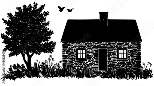 Chicken Coop Beside Stone Cottage, vector illustration art