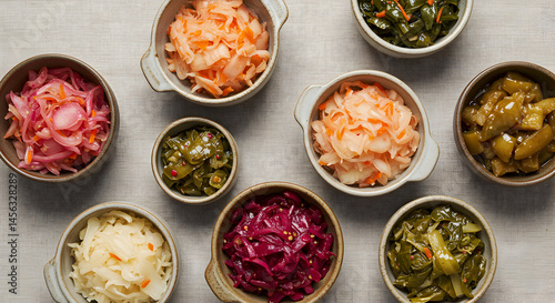 Assorted Fermented Vegetables Displayed in Ceramic Bowls on Neutral Surface
