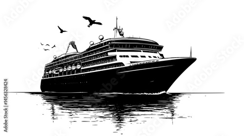 Cruise Ship Sailing Toward Sunset Horizon, vector illustration art