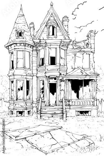 Dilapidated Mansion With Boarded Windows, coloring book style, vector illustration art