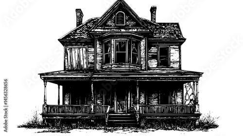 Dilapidated Mansion With Boarded Windows, vector illustration art