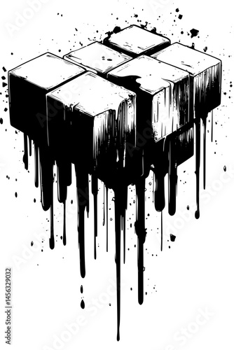 Dripping Form Over Stacked Cubes, coloring book style, vector illustration art