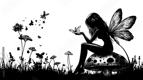 Fairy Sitting On A Mushroom, vector illustration art