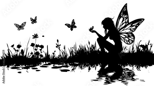 Fairy With Wings Near Small Pond, vector illustration art