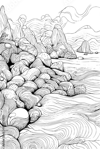 Fishing Holes Dotting Icy Expanse, coloring book style, vector illustration art