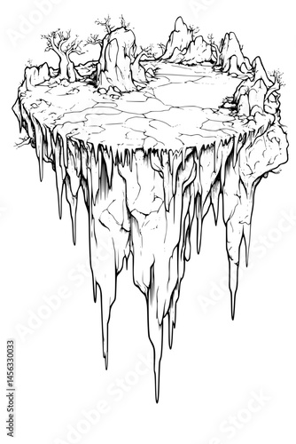 Floating Island With Connected Bridges, coloring book style, vector illustration art