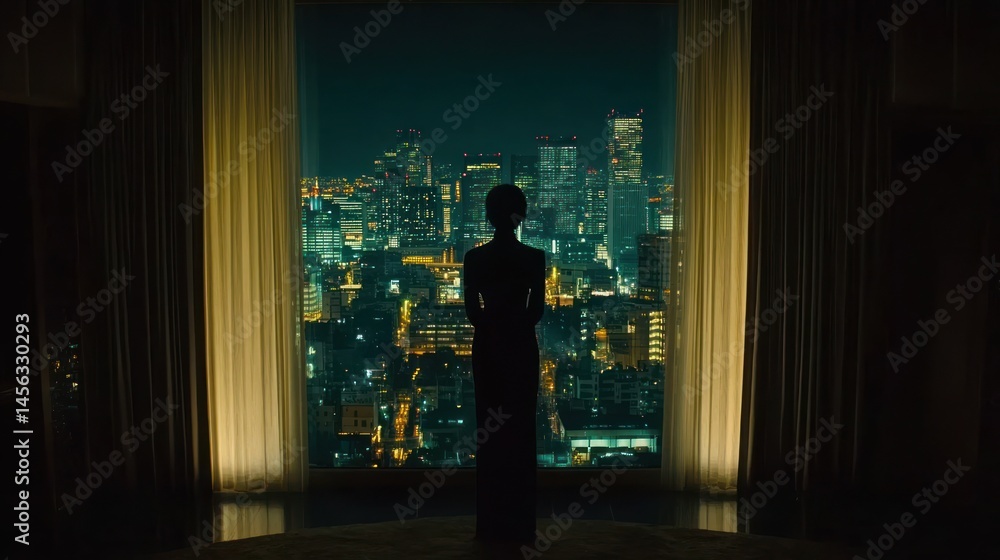 Fototapeta premium Silhouette of a woman gazing at a city skyline through a large window