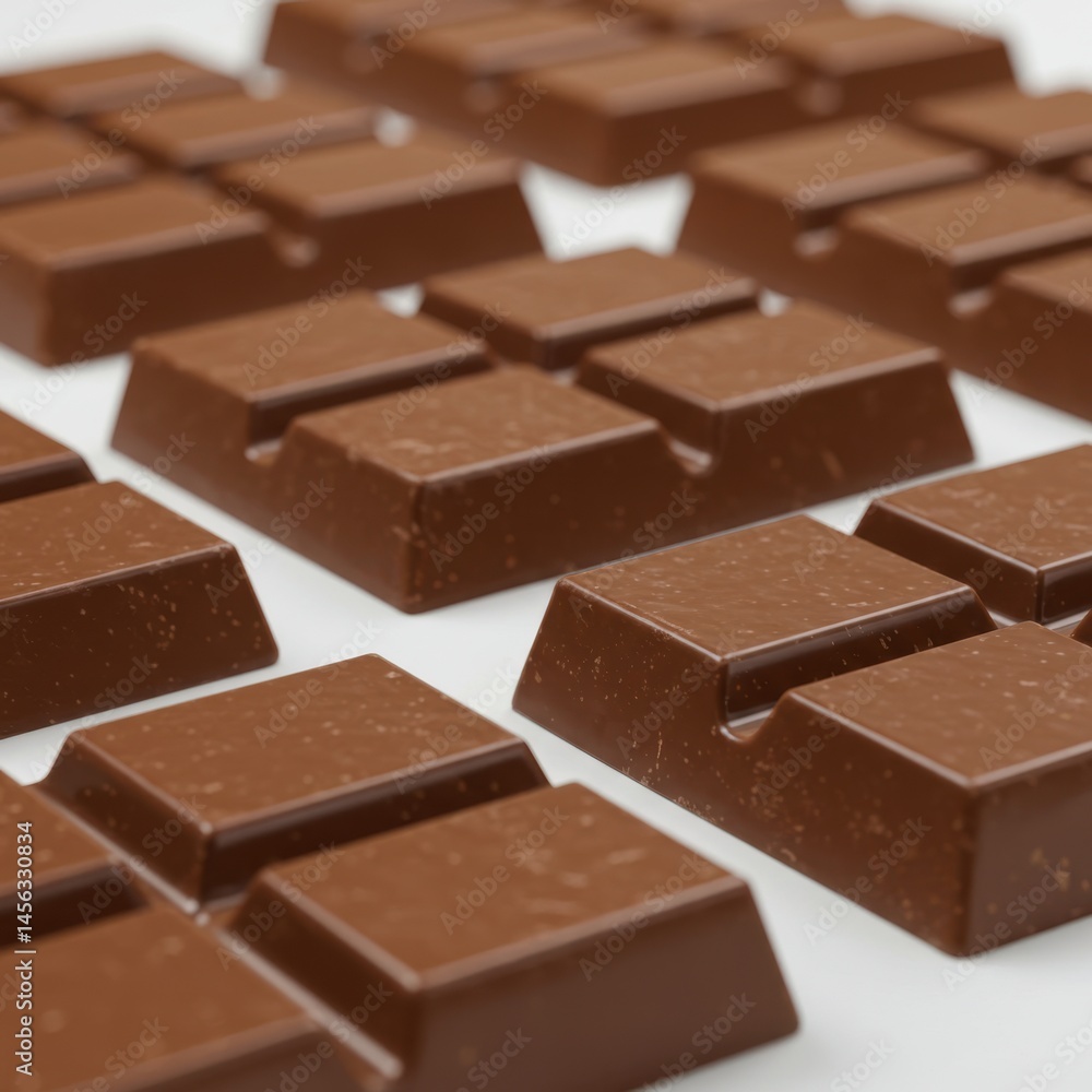 Close up view of multiple chocolate bars arranged on a white surface in a repeating pattern Close up view of multiple chocolate bars arranged on a white surface in a repeating pattern