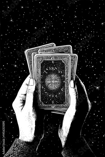 Hands Holding Tarot Card Spread, coloring book style, vector illustration art