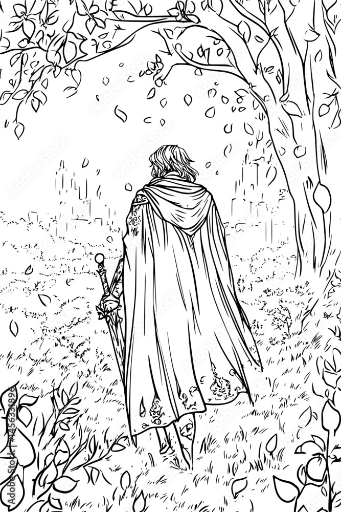 Obraz premium Knight Walking Through Enchanted Valley, coloring book style, vector illustration art