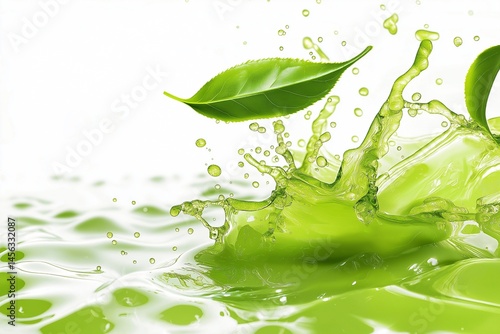 Dynamic splash of vibrant green matcha tea with delicate tea leaves suspended in mid-air, isolated on a pristine white background.