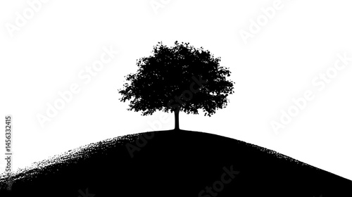 Lone Tree Atop Rolling Terrain, vector illustration art