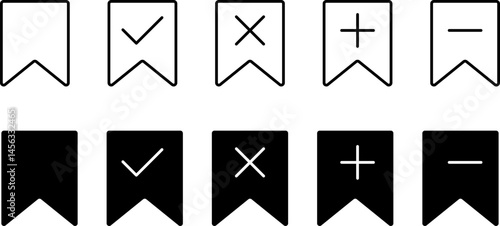 Bookmark icon set. study book favorite page mark symbol. save and unsaved concept