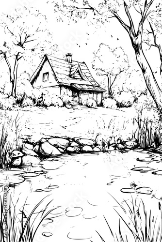 Low Land Surrounded By Silence, coloring book style, vector illustration art