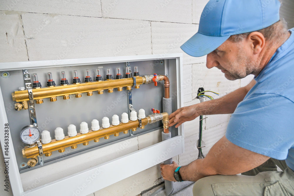 A dedicated plumber is carefully configuring a modern plumbing control setup, ensuring precise performance of the home's plumbing system with specialized tools