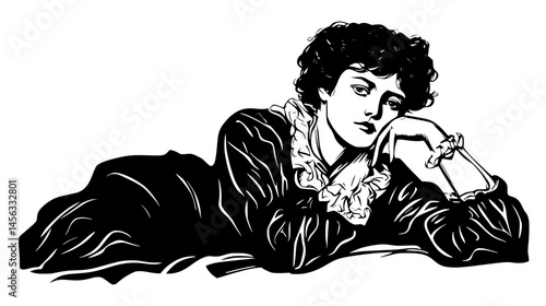 Melancholy Woman In Victorian Dress, vector illustration art
