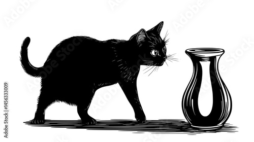 Mischievous Feline Knocking Over Vase, vector illustration art