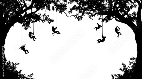 Monkeys Swinging Through Forest Canopy, vector illustration art