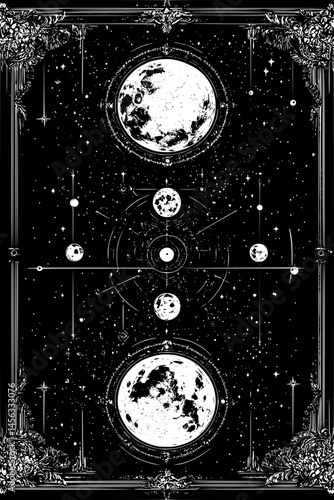 Moon Phase Chart With Symbols, coloring book style, vector illustration art