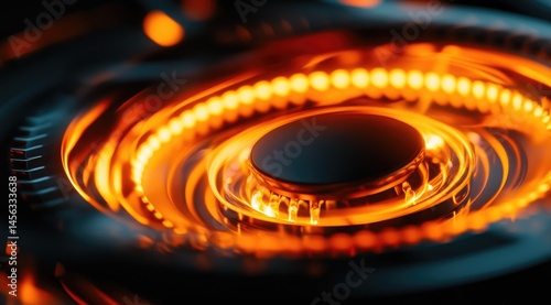 Close-up of glowing, intricate, technological mechanism.  Circular design with orange/red light accents