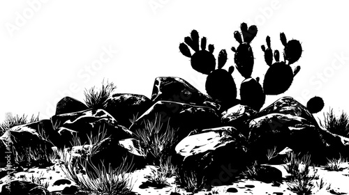 Prickly Pear Growing Among Rocks, vector illustration art