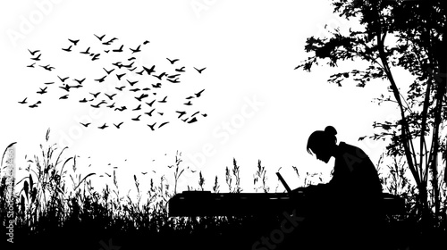 Remote Worker Typing During Sunset, vector illustration art