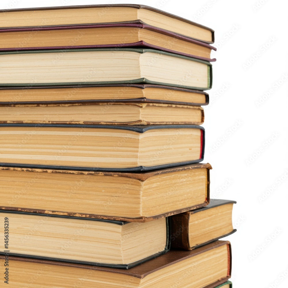 A stack of old and worn hardcover books with varying colors and textures on a white background surface A stack of old and worn hardcover books with varying colors and textures on a white background surface