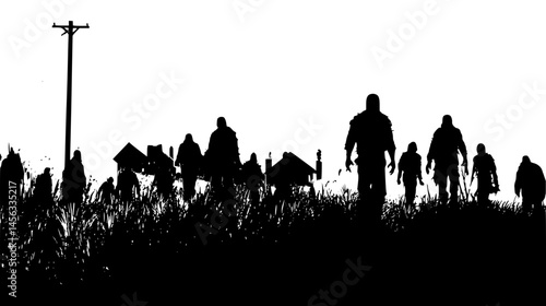 Shambling Horde Approaching Small Town, vector illustration art