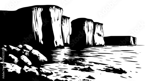 Sheer Rock Faces Meeting Sea, vector illustration art