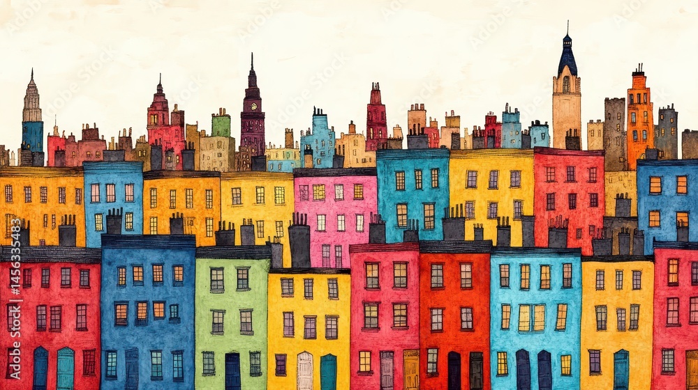 Fototapeta premium Colorful Urban Row Houses Abstract Illustration Bright Cityscape