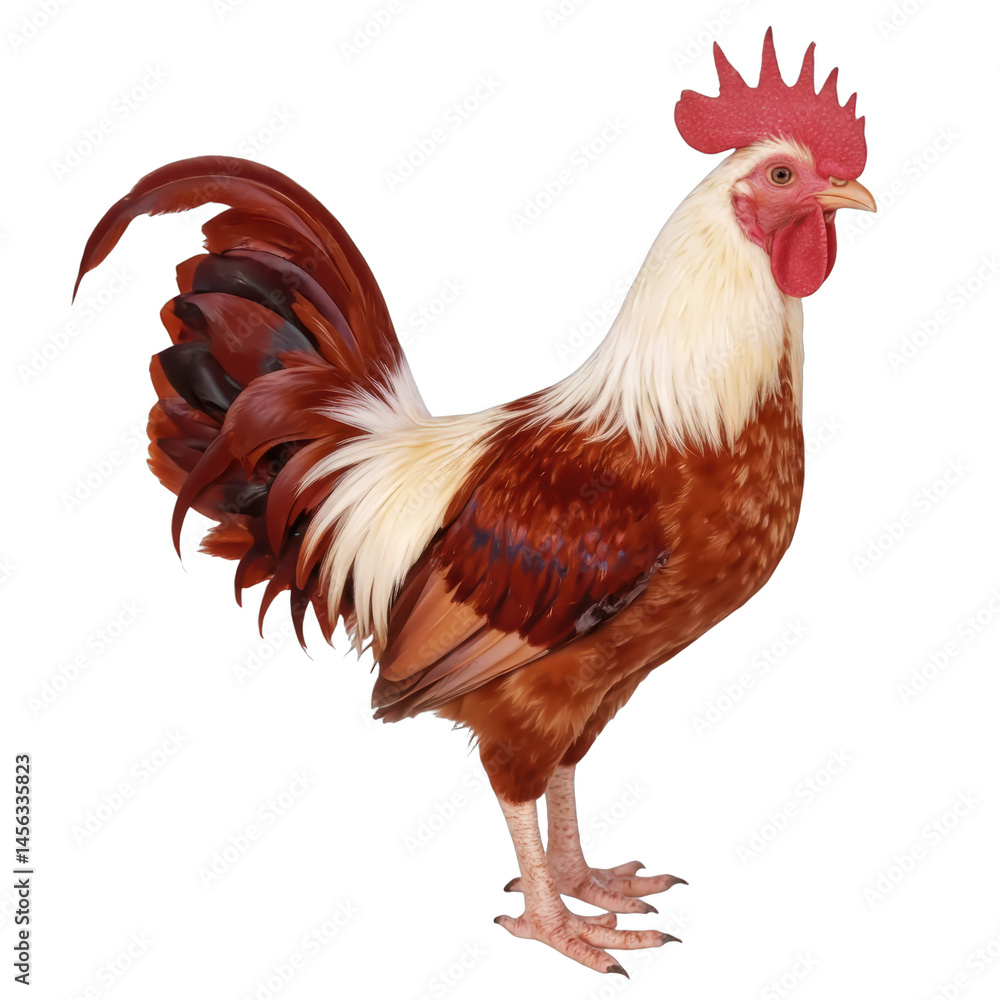 Vibrant rooster standing proudly, colorful feathers, symbolizing farm life or country living, perfect for agricultural themes. Isolated on white background or PNG Vibrant rooster standing proudly, colorful feathers, symbolizing farm life or country living, perfect for agricultural themes. Isolated on white background or PNG