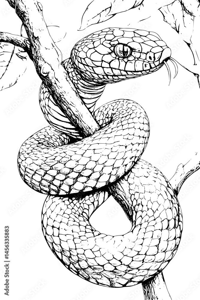 Fototapeta premium Snake Coiled On Jungle Branch, coloring book style, vector illustration art
