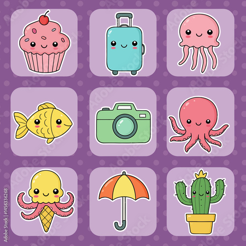 Adorable Kawaii Character Stickers Travel, Food, and Sea Creatures