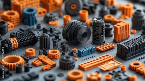Collection of 3D Printed Parts: Orange and Gray Gears, Components, and Mechanisms