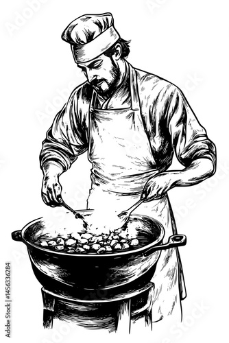 Street Food Sizzling On Hot Grill, coloring book style, vector illustration art