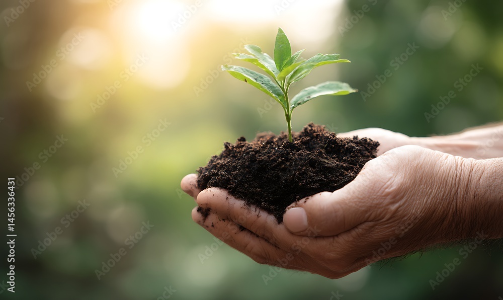 Fototapeta premium Caring Hands nurturing a young plant seedling in rich soil against a lush green background.