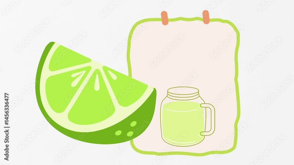 Raw lemon lime, juices in drinking glass jar, blank memo note paper icon symbol. Healthy organic diet food. Vector animation, motion graphic video footage. Isolated copy space white screen background Raw lemon lime, juices in drinking glass jar, blank memo note paper icon symbol. Healthy organic diet food. Vector animation, motion graphic video footage. Isolated copy space white screen background