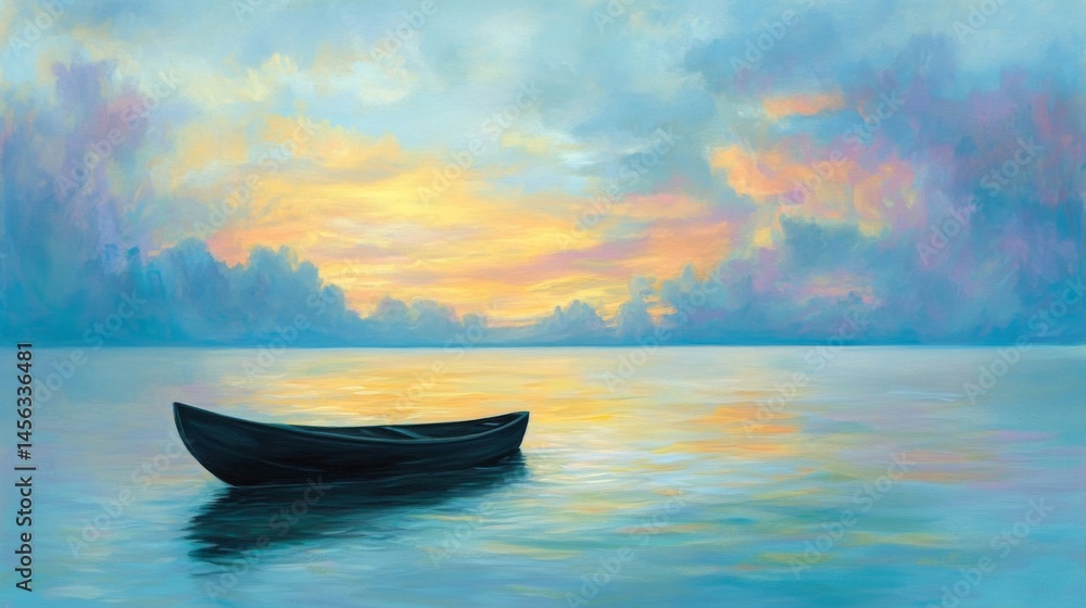 Serene Sunset Landscape with Small Boat on Calm Water Serene Sunset Landscape with Small Boat on Calm Water