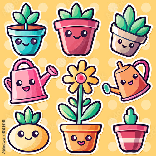 A Colorful Whimsical Illustration of Nine Cartoon Plants and Pots