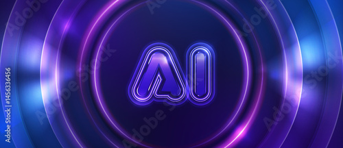 AI glowing letters with futuristic neon light rings