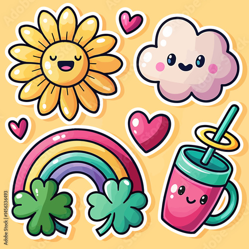 Cheerful Cartoon Sun, Cloud, Rainbow, and Drink A Digital Illustration Featuring Kawaii Style