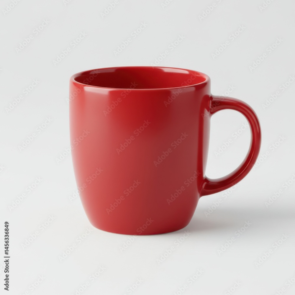 A vibrant red ceramic mug with a curved handle sitting on a plain white surface in studio lighting A vibrant red ceramic mug with a curved handle sitting on a plain white surface in studio lighting