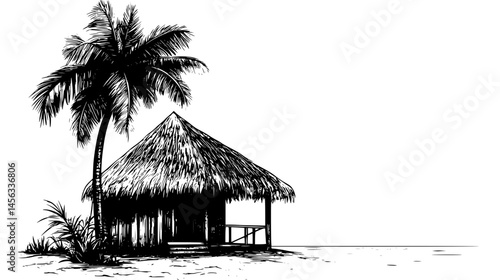 Thatched Roof Hut Facing Ocean View, vector illustration art
