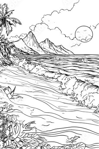 Tide Pulling From Quiet Coast, coloring book style, vector illustration art